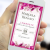 Lembrete digital de casamento rosa vibrante com flores e borda destacada exibido no celular para lembrar os convidados da data.