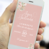 lembrete de casamento rosé com design floral delicado exibido no celular.