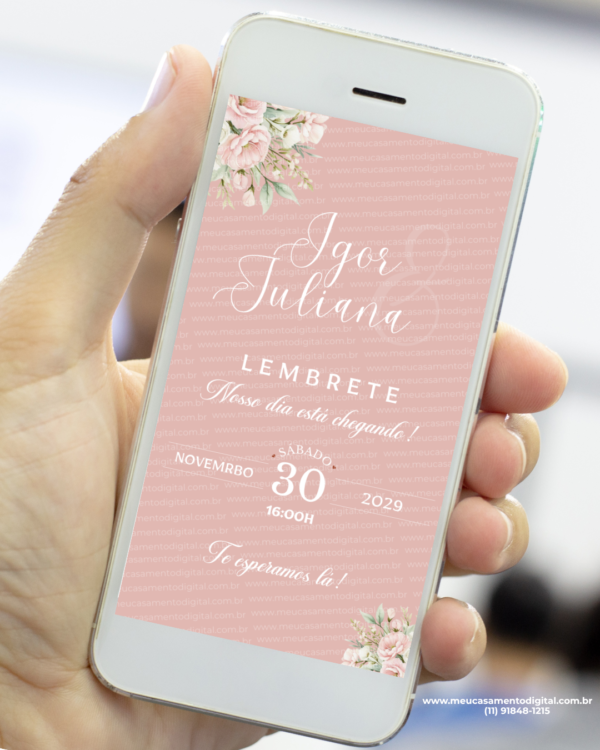 lembrete de casamento rosé com design floral delicado exibido no celular.