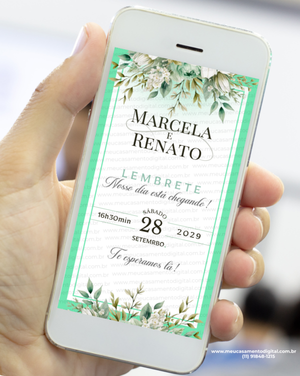 lembrete de casamento verde menta com flores e design delicado para envio digital.