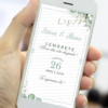 lembrete de casamento verde oliva com folhagens delicadas e design elegante.