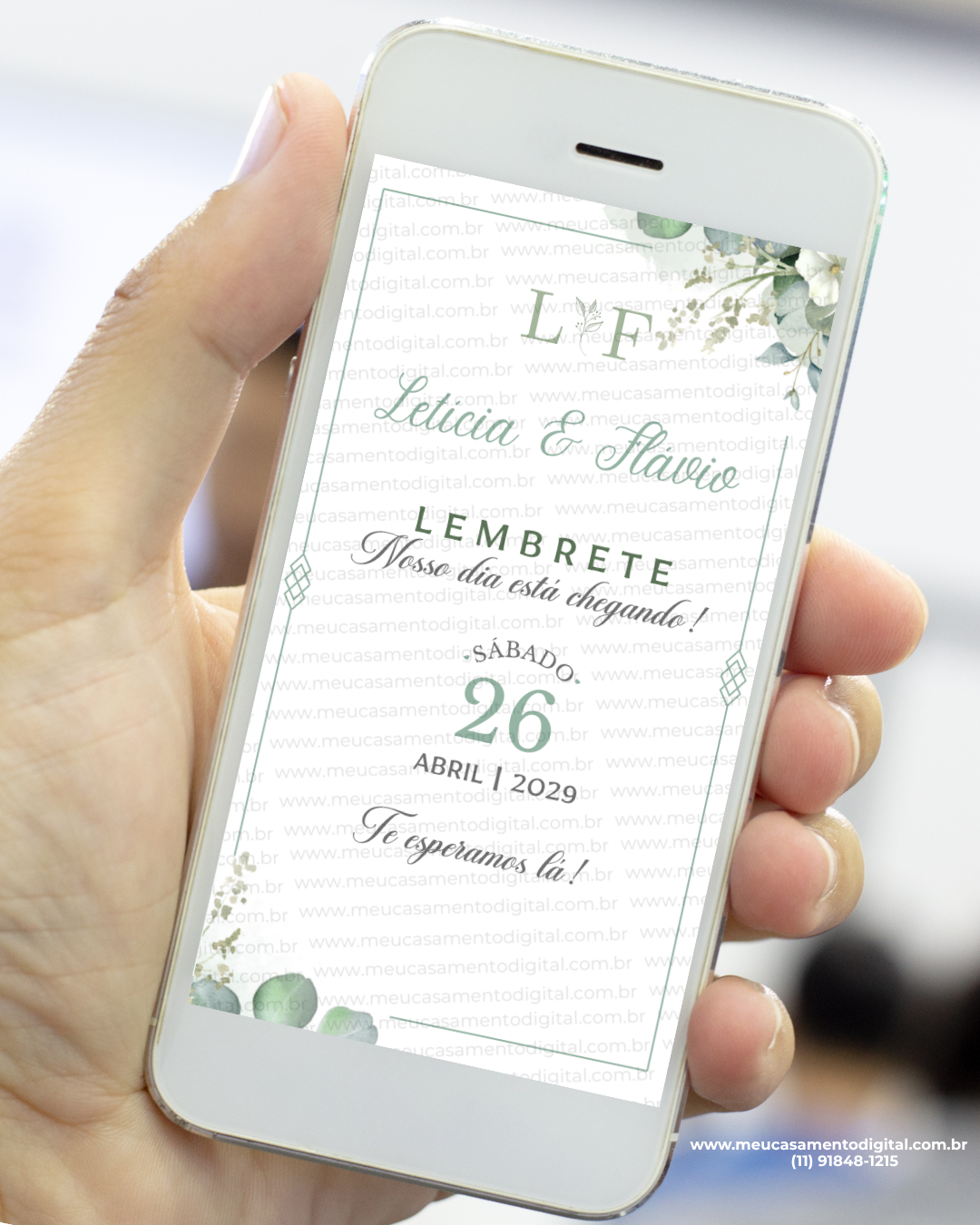 lembrete de casamento verde oliva com folhagens delicadas e design elegante.