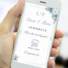Lembrete digital de casamento azul serenity com flores delicadas exibido no celular.
