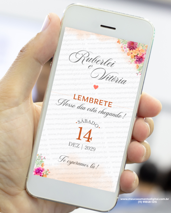 lembrete digital de casamento laranja e rosa com flores delicadas e design elegante.