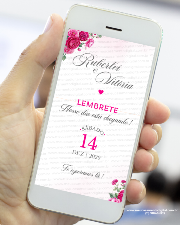 lembrete digital de casamento pink com flores em tons vibrantes exibido no celular