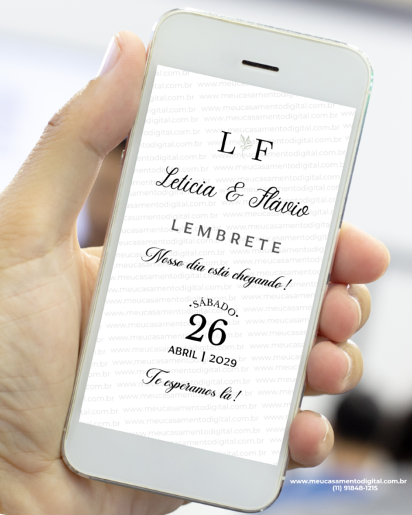 Lembrete digital de casamento preto minimalista com design simples exibido no celular
