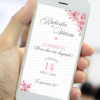 Lembrete digital de casamento floral em rosa claro exibido no celular para lembrar os convidados da data.