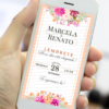 lembrete digital de casamento rosa e laranja com flores vibrantes e design elegante.