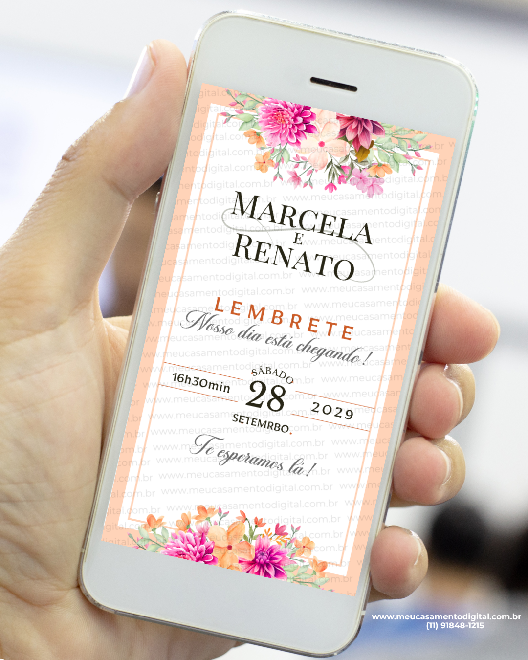 lembrete digital de casamento rosa e laranja com flores vibrantes e design elegante.