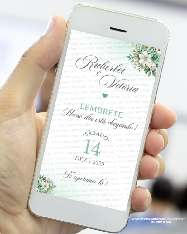 lembrete digital de casamento verde menta com flores delicadas e design elegante para envio pelo whatsapp.