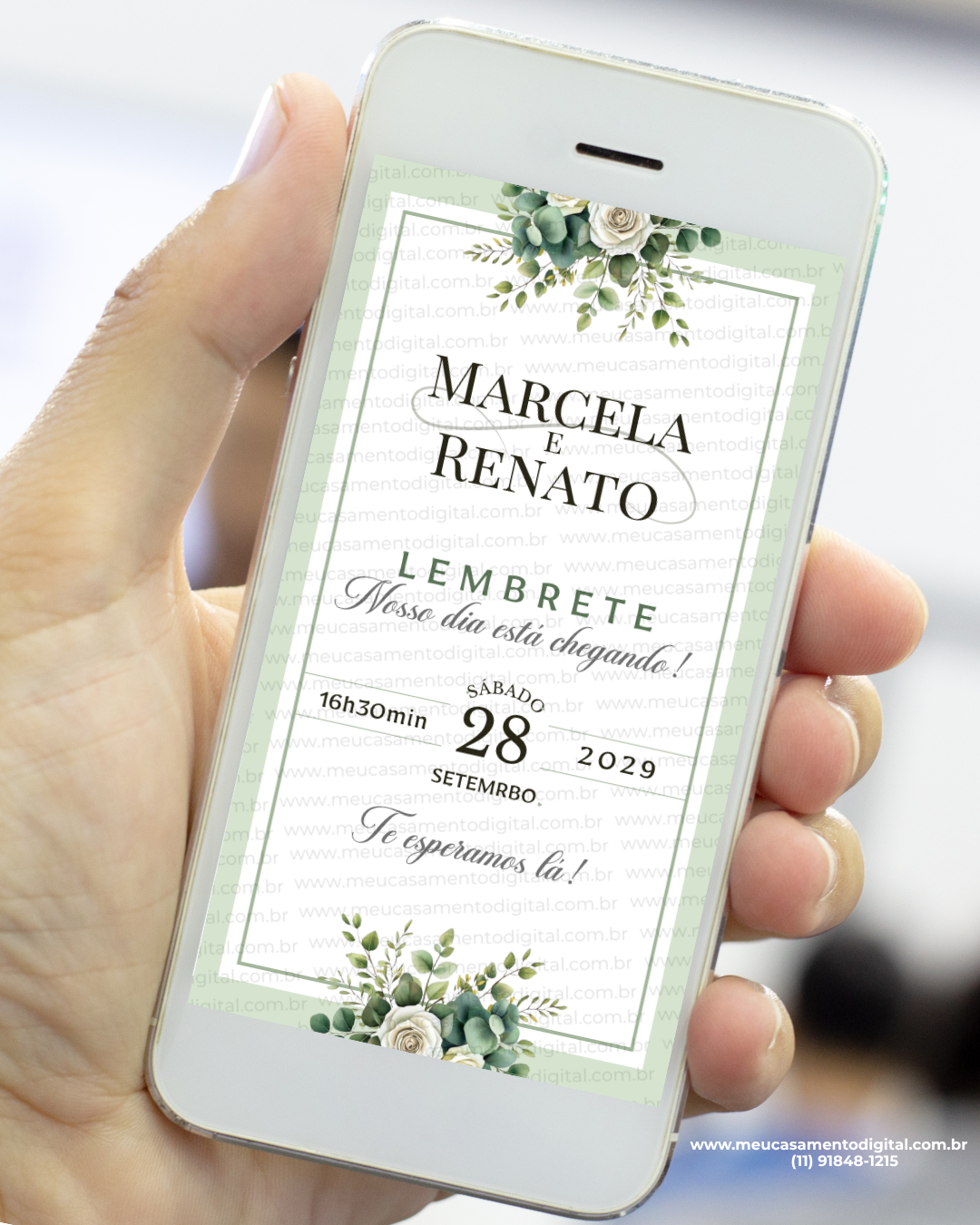 lembrete digital de casamento verde oliva com flores e design elegante.