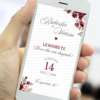 Lembrete digital marsala para casamento exibido em um celular, com fundo branco, flores em tons de vinho e rosa nos cantos, nomes dos noivos em caligrafia elegante e data destacada em vermelho escuro.