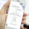 lembrete digital de casamento azul serenity com flores delicadas e design elegante para reforçar a data do evento.