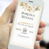 Lembrete digital de casamento dourado com flores elegantes em tons de dourado exibido no celular.