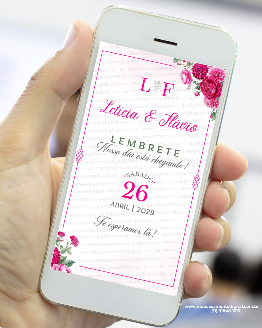 lembrete digital para casamento pink com flores e detalhes delicados no celular