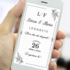 Lembrete digital para casamento preto minimalista com ilustrações delicadas exibido no celular