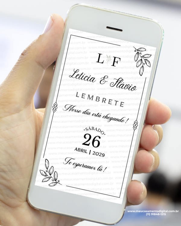 Lembrete digital para casamento preto minimalista com ilustrações delicadas exibido no celular
