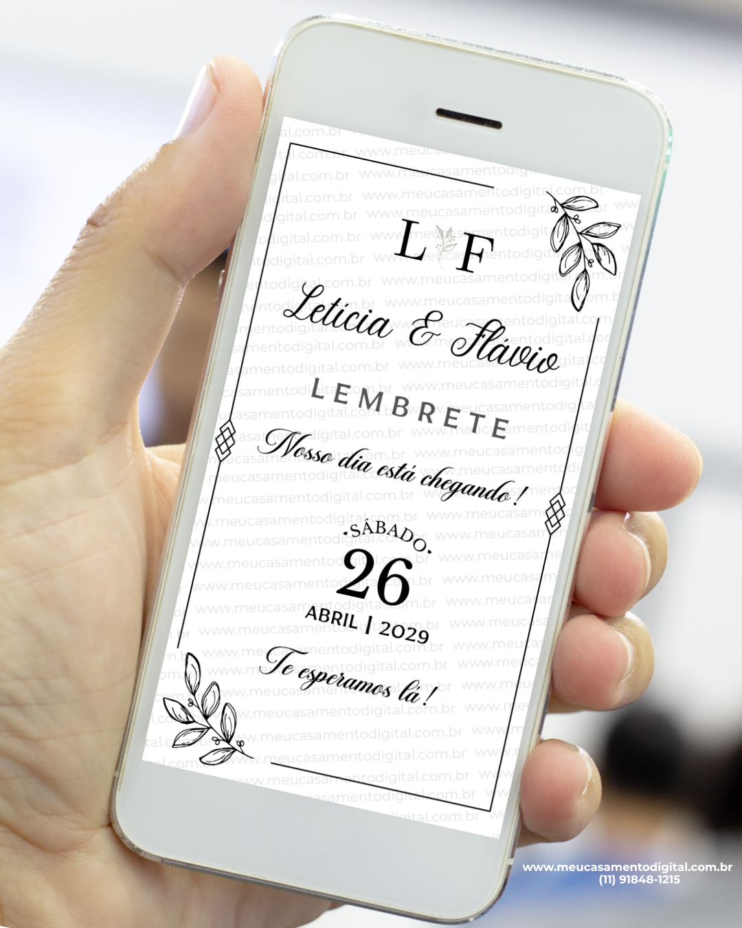 Lembrete digital para casamento preto minimalista com ilustrações delicadas exibido no celular