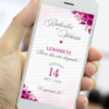Lembrete digital de casamento rosa floral com flores delicadas exibido no celular para lembrar os convidados da data.
