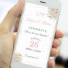 lembrete digital para casamento rosé com flores suaves exibido no celular.
