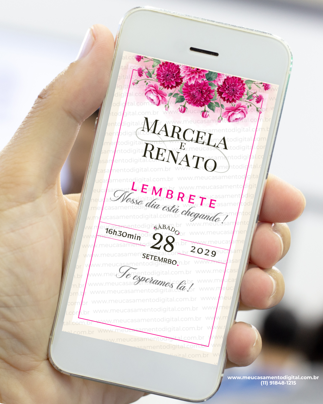 lembrete digital pink para casamento com flores vibrantes exibido no celular