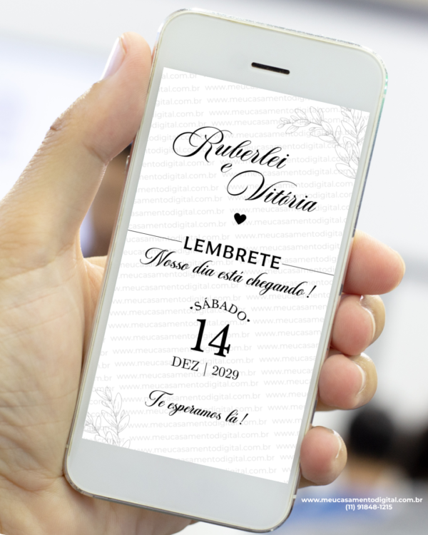 Lembrete digital de casamento preto minimalista exibido no celular.