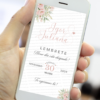 lembrete digital rosé para casamento com flores delicadas exibido no celular.