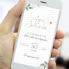 lembrete digital verde oliva para casamento com folhas delicadas e design elegante.