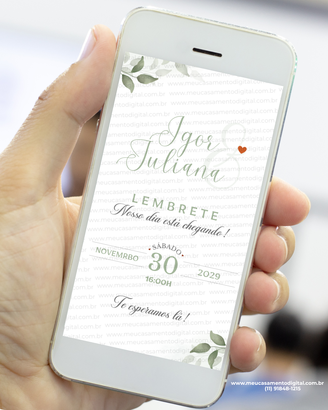 lembrete digital verde oliva para casamento com folhas delicadas e design elegante.