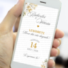 Lembrete digital de casamento dourado com flores elegantes exibido no celular para lembrar os convidados da data