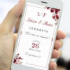 Lembrete marsala para casamento exibido em um celular, com fundo claro, moldura fina em tom vinho, flores marsala e rosadas nos cantos e nomes dos noivos em destaque com tipografia elegante.