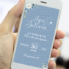 Lembrete digital de casamento azul elegante com flores delicadas no celular