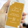 Lembrete digital de casamento dourado com fundo elegante e flores exibido no celular para lembrar os convidados da data