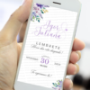 Lembrete para casamento lavanda com flores delicadas em tons lilás no celular