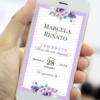 Lembrete para casamento lilás com flores delicadas exibido no celular