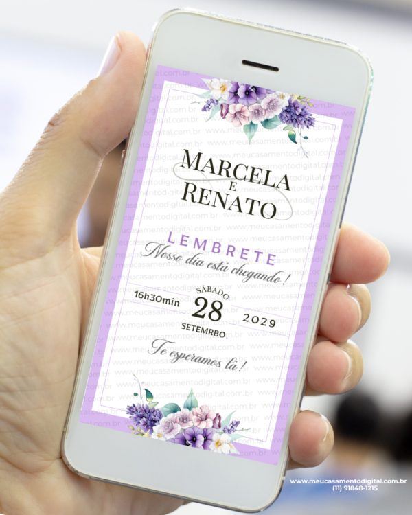 Lembrete para casamento lilás com flores delicadas exibido no celular