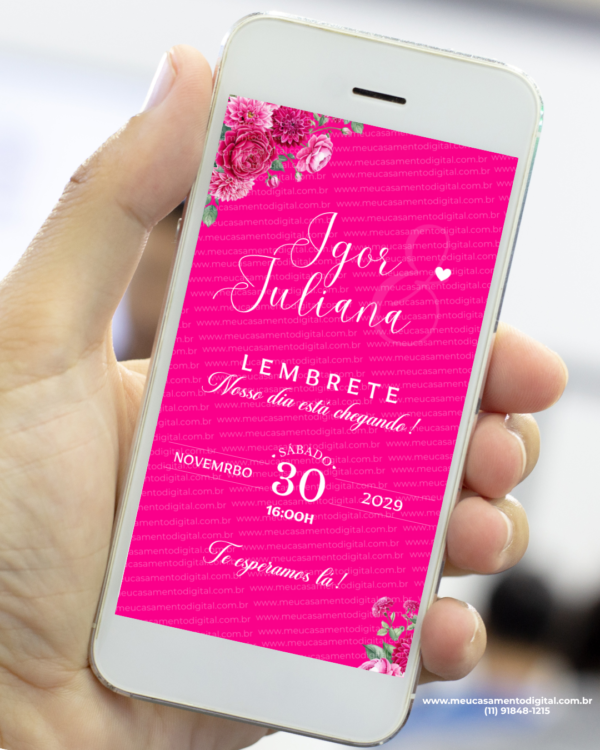 lembrete para casamento pink com fundo vibrante e flores decorativas no celular