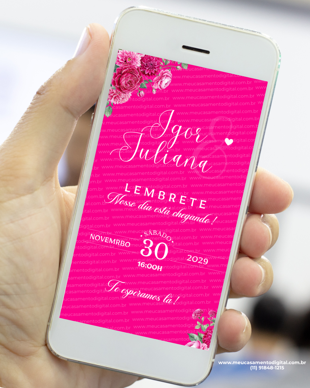 lembrete para casamento pink com fundo vibrante e flores decorativas no celular