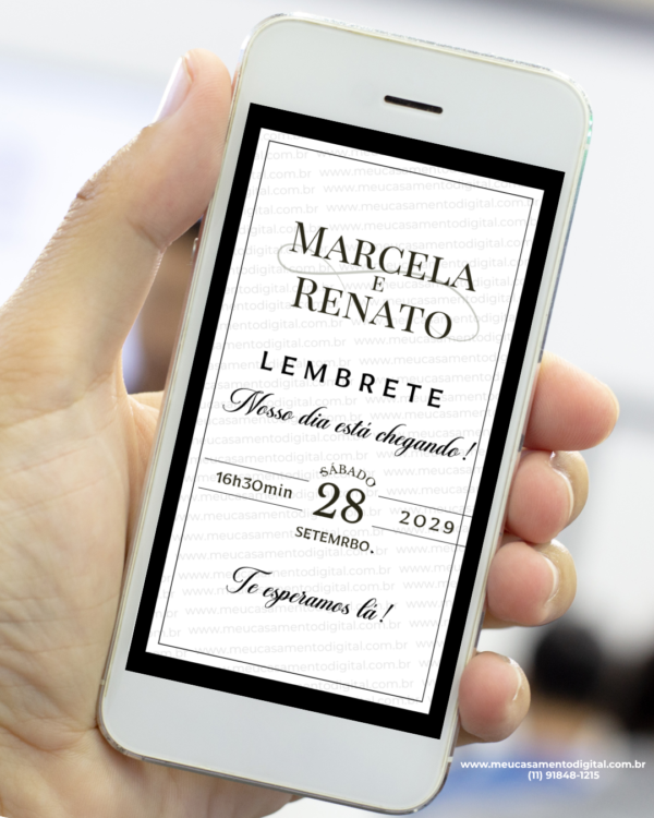 Lembrete para casamento preto minimalista com borda elegante exibido no celular