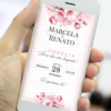 Lembrete digital de casamento rosa floral com flores delicadas exibido no celular para lembrar os convidados da data.