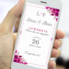 Lembrete digital de casamento floral rosa fúcsia com flores vibrantes exibido no celular para lembrar os convidados da data