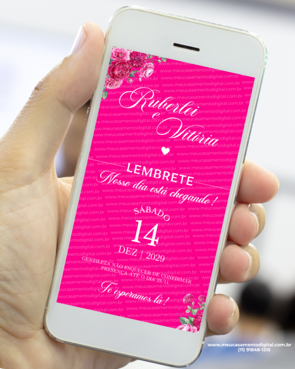 lembrete para casamento rosa pink com flores vibrantes exibido no celular.