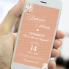 Lembrete para casamento rosé gold exibido na tela de um celular, com fundo em tom rosé sofisticado, flores delicadas nos cantos e tipografia elegante com nomes do casal e data do evento.