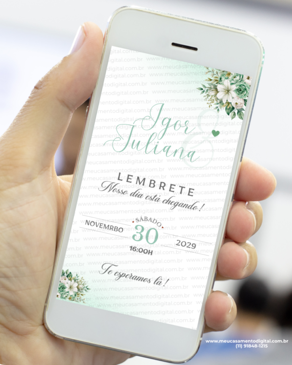 lembrete para casamento verde menta com flores delicadas e layout elegante para envio digital.