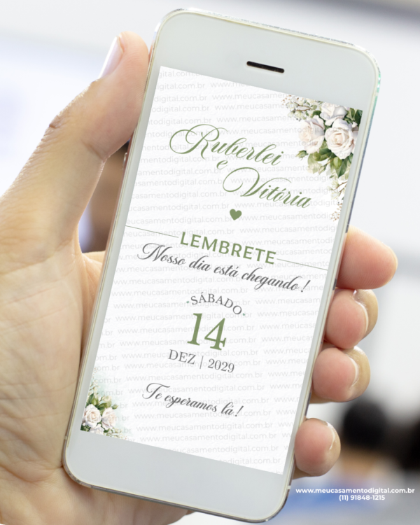 lembrete para casamento verde oliva com flores delicadas e design elegante.