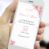 Lembrete digital de casamento rosa claro com flores delicadas exibido no celular para lembrar os convidados da data.