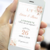 Lembrete rosé gold para casamento exibido na tela de um celular, com design delicado em fundo claro, flores suaves nos cantos, nomes dos noivos em destaque e data do evento centralizada com tipografia elegante.