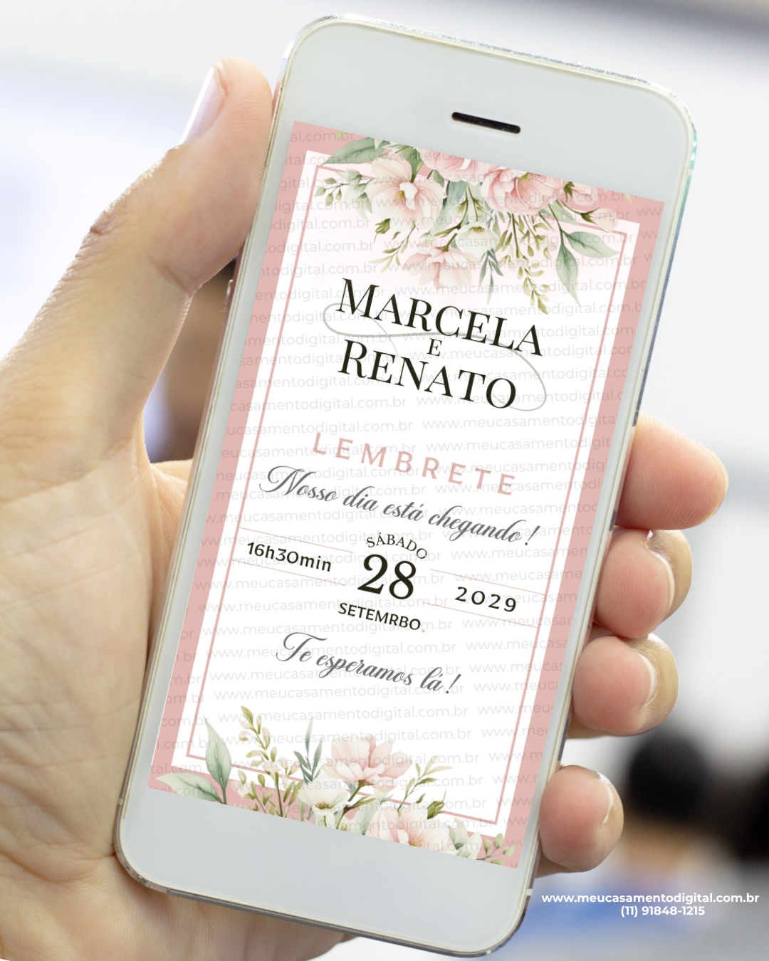 lembrete rosé para casamento com flores suaves e design elegante no celular.