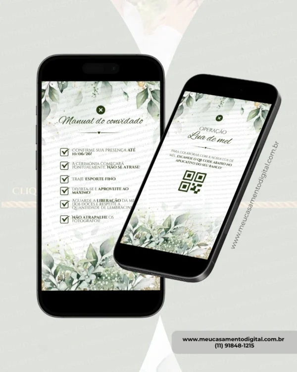 Manual do convidado do convite de casamento interativo verde oliva com orientações e QR Code.