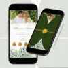 Parte principal do convite de casamento interativo verde oliva exibida em celulares.